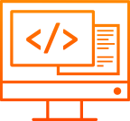 Piktogramm Webseitenentwicklung: Ein PC-Monitor zeigt eine Illustration von Porgrammiercode